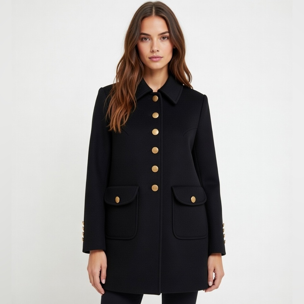 NWT $220 Milly Black Military Style Bow Coat Gold Buttons Jacket M